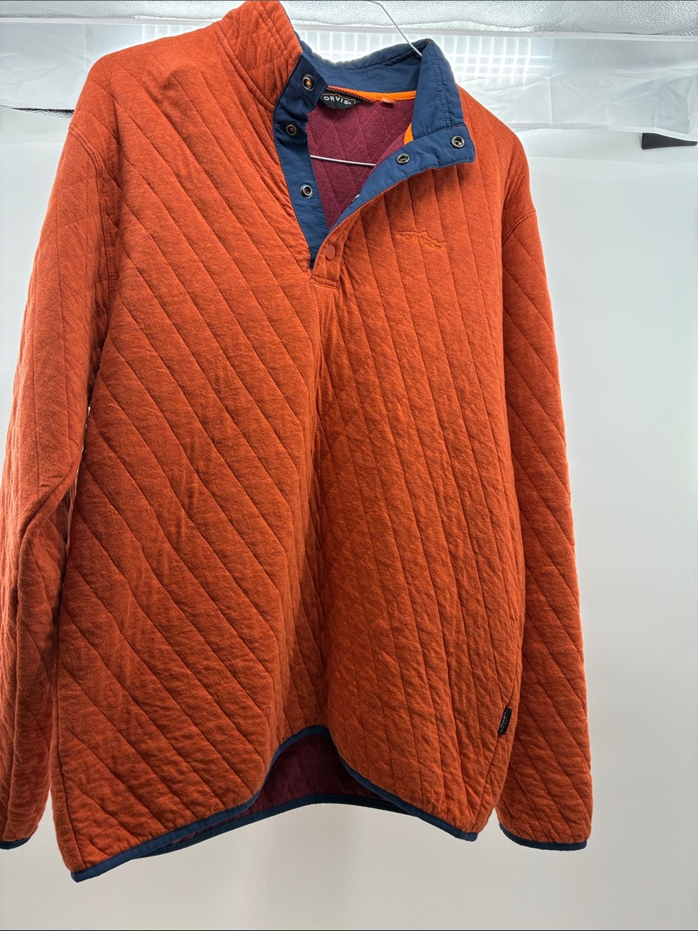 Orvis Quilted Orange Pullover with Navy Trim